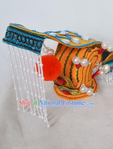 Traditional Handmade Chinese Classical Peking Opera Emperor Accessories Yellow Hat, China Beijing Opera King Headwear