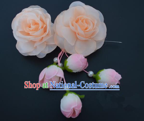 Traditional Handmade Chinese Classical Peking Opera Young Lady Hair Accessories Pink Temples Flowers, China Beijing Opera Princess Headwear Tassel Hairpins