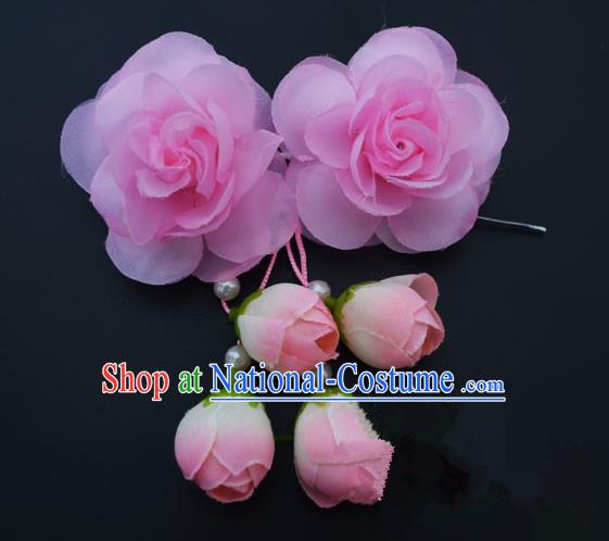 Traditional Handmade Chinese Classical Peking Opera Young Lady Hair Accessories Pink Temples Flowers, China Beijing Opera Princess Headwear Tassel Hairpins