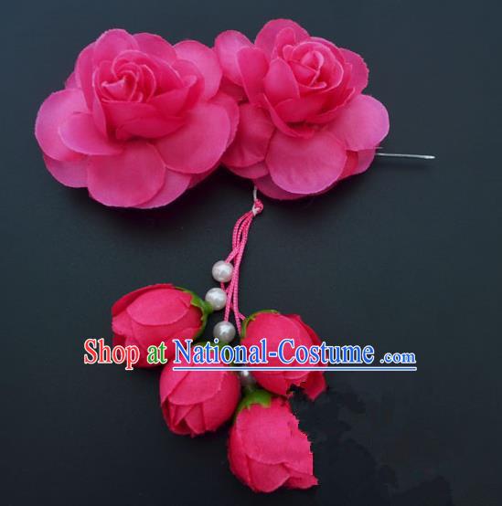 Traditional Handmade Chinese Classical Peking Opera Young Lady Hair Accessories Rosy Temples Flowers, China Beijing Opera Princess Headwear Tassel Hairpins