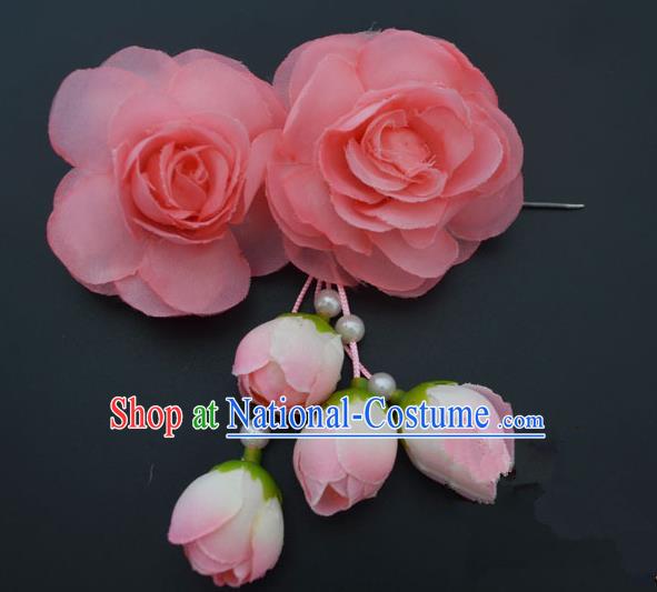 Traditional Handmade Chinese Classical Peking Opera Young Lady Hair Accessories Peach Pink Temples Flowers, China Beijing Opera Princess Headwear Tassel Hairpins