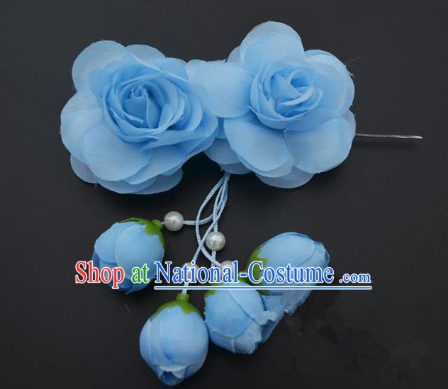 Traditional Handmade Chinese Classical Peking Opera Young Lady Hair Accessories Blue Temples Flowers, China Beijing Opera Princess Headwear Tassel Hairpins