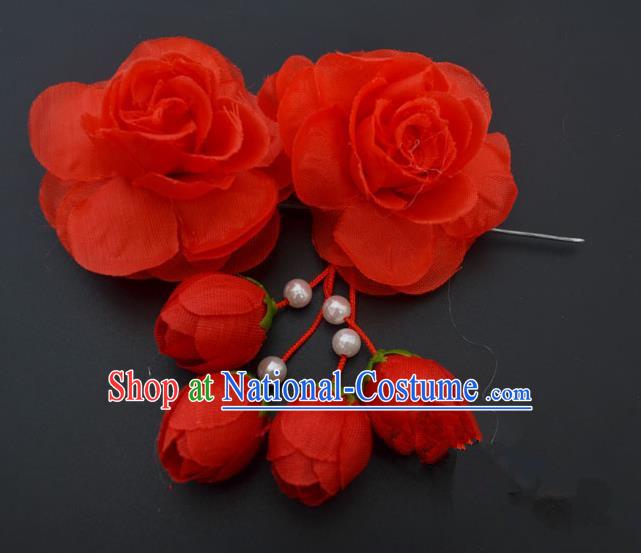 Traditional Handmade Chinese Classical Peking Opera Young Lady Hair Accessories Red Temples Flowers, China Beijing Opera Princess Headwear Tassel Hairpins