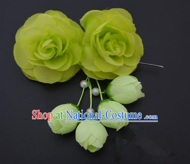 Traditional Handmade Chinese Classical Peking Opera Young Lady Hair Accessories Green Temples Flowers, China Beijing Opera Princess Headwear Tassel Hairpins