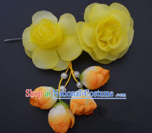 Traditional Handmade Chinese Classical Peking Opera Young Lady Hair Accessories Yellow Temples Flowers, China Beijing Opera Princess Headwear Tassel Hairpins