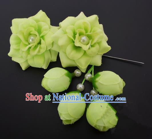 Traditional Handmade Chinese Classical Peking Opera Young Lady Hua Tan Hair Accessories Green Temples Flowers, China Beijing Opera Diva Princess Headwear Tassel Hairpins