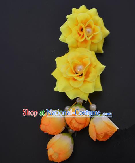 Traditional Handmade Chinese Classical Peking Opera Young Lady Hua Tan Hair Accessories Yellow Temples Flowers, China Beijing Opera Diva Princess Headwear Tassel Hairpins