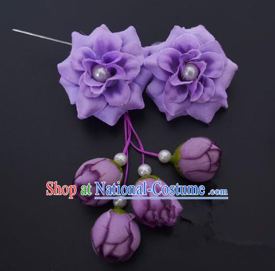 Traditional Handmade Chinese Classical Peking Opera Young Lady Hua Tan Hair Accessories Purple Temples Flowers, China Beijing Opera Diva Princess Headwear Tassel Hairpins