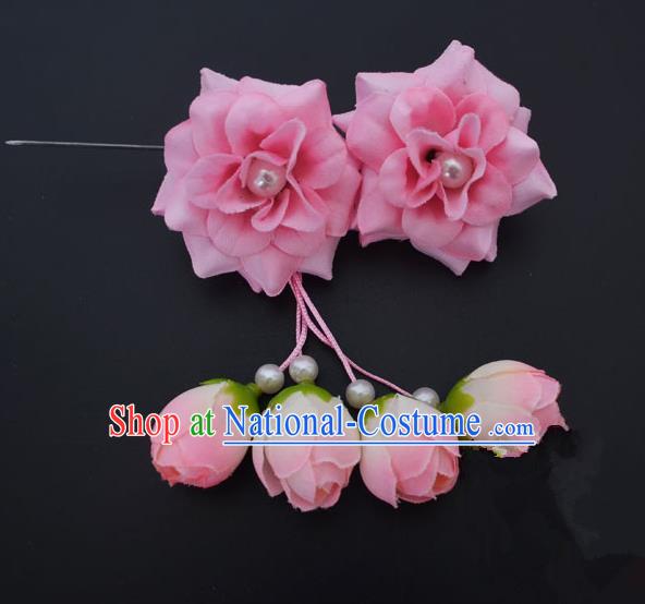 Traditional Handmade Chinese Classical Peking Opera Young Lady Hua Tan Hair Accessories Pink Temples Flowers, China Beijing Opera Diva Princess Headwear Tassel Hairpins