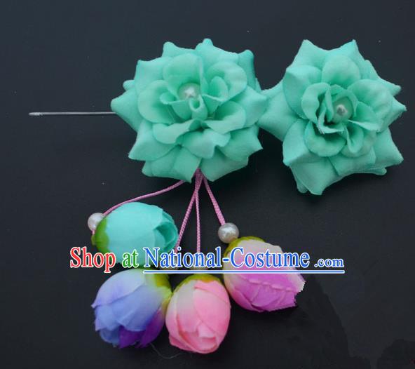 Traditional Handmade Chinese Classical Peking Opera Young Lady Hua Tan Hair Accessories Green Temples Flowers, China Beijing Opera Diva Princess Headwear Tassel Hairpins