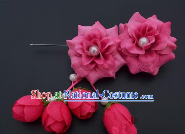 Traditional Handmade Chinese Classical Peking Opera Young Lady Hua Tan Hair Accessories Rosy Temples Flowers, China Beijing Opera Diva Princess Headwear Tassel Hairpins