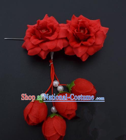 Traditional Handmade Chinese Classical Peking Opera Young Lady Hua Tan Hair Accessories Red Temples Flowers, China Beijing Opera Diva Princess Headwear Tassel Hairpins