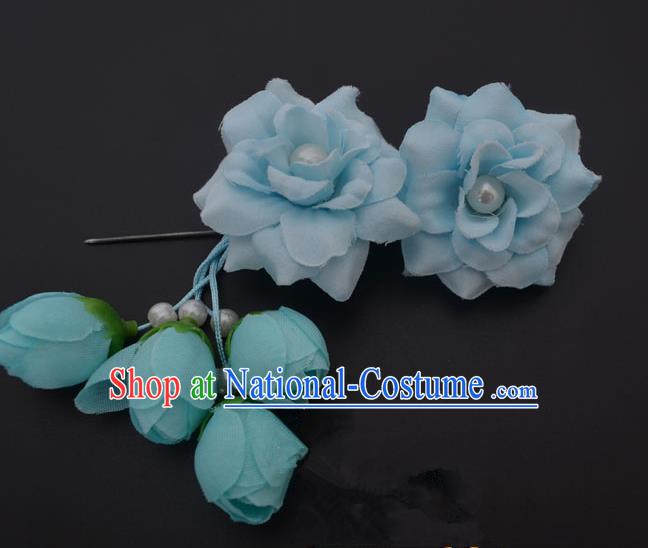 Traditional Handmade Chinese Classical Peking Opera Young Lady Hua Tan Hair Accessories Light Blue Temples Flowers, China Beijing Opera Diva Princess Headwear Tassel Hairpins