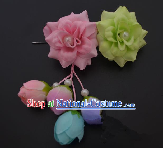 Traditional Handmade Chinese Classical Peking Opera Young Lady Hua Tan Hair Accessories Pink and Green Temples Flowers, China Beijing Opera Diva Princess Headwear Tassel Hairpins