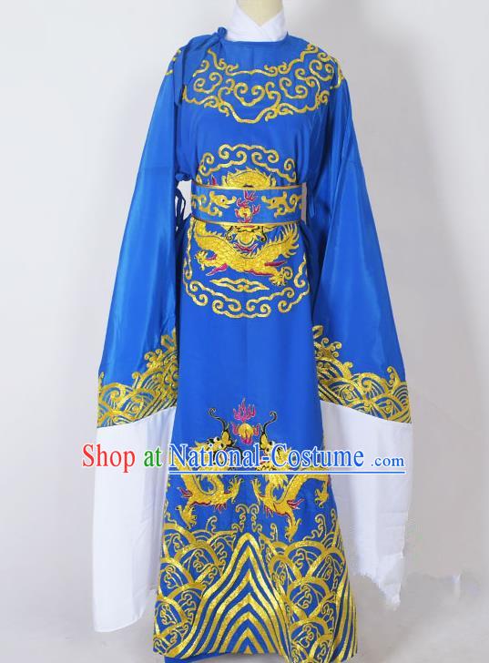 Traditional Chinese Professional Peking Opera Old Men Costume Blue Embroidery Robe, China Beijing Opera Niche Emperor Embroidered Robe Clothing