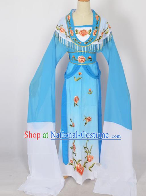 Traditional Chinese Professional Peking Opera Young Lady Princess Costume Blue Embroidery Dress, China Beijing Opera Diva Hua Tan Embroidered Clothing