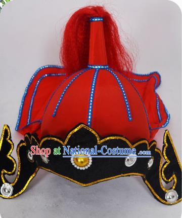 Traditional Handmade Chinese Classical Peking Opera Blues Accessories Red Hat, China Beijing Opera Swordplay Warriors Headwear