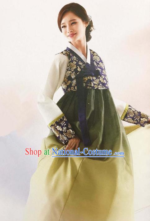 Traditional Korean Handmade Embroidery Bride Hanbok, Top Grade Korea Hanbok Wedding Navy Costume for Women