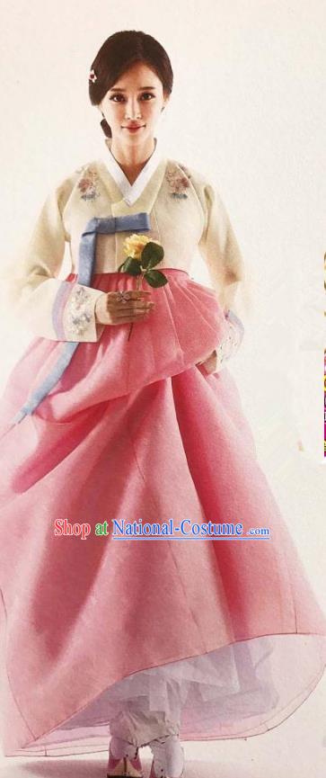 Traditional Korean Handmade Embroidery Bride Hanbok Pink Dress, Top Grade Korea Hanbok Wedding Costume for Women