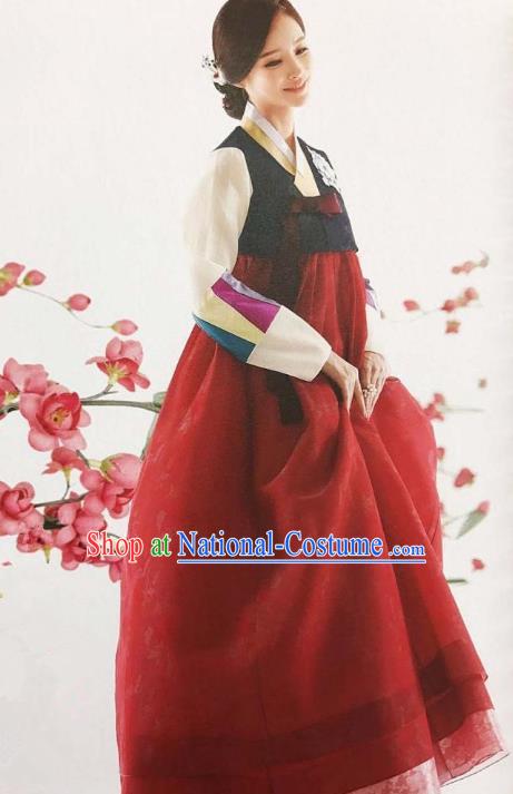 Traditional Korean Handmade Embroidery Bride Hanbok Red Dress, Top Grade Korea Hanbok Wedding Costume for Women