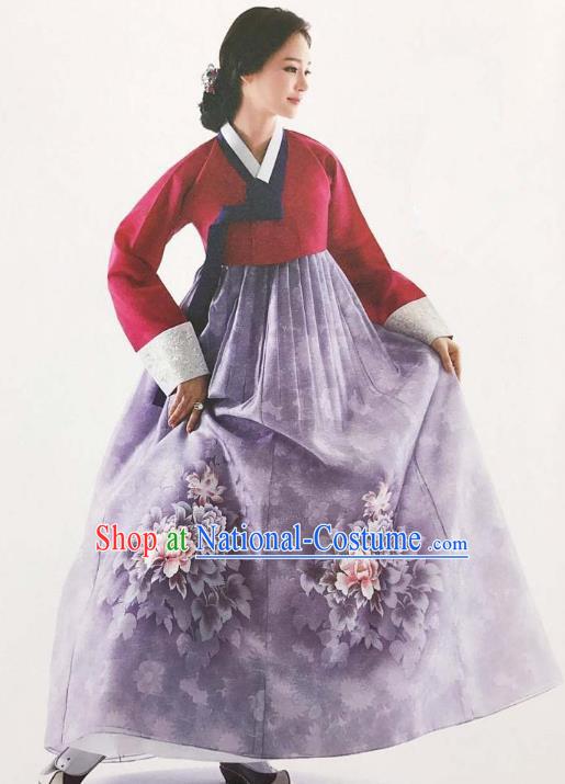 Traditional Korean Handmade Embroidery Bride Hanbok Purple Dress, Top Grade Korea Hanbok Wedding Costume for Women