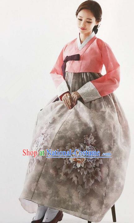 Traditional Korean Handmade Embroidery Bride Hanbok Grey Dress, Top Grade Korea Hanbok Wedding Costume for Women