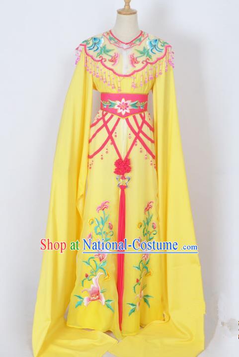 Traditional Chinese Professional Peking Opera Diva Young Lady Princess Costume Yellow Embroidery Dress, China Beijing Opera Hua Tan Embroidered Clothing