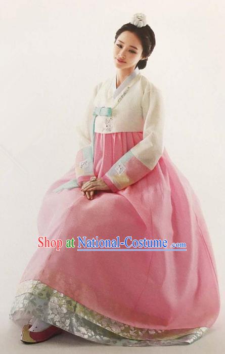 Traditional South Korean Handmade Embroidery Bride Hanbok Beige Blouse Full Dress, Top Grade Korea Hanbok Wedding Costume Complete Set for Women