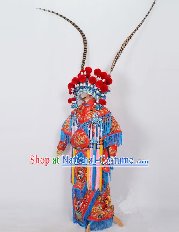 Traditional Chinese Professional Peking Opera Female General Red Costume, Children China Beijing Opera Swordplay Embroidered Clothing and Headwear Complete Set