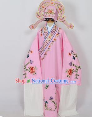 Traditional Chinese Professional Peking Opera Young Men Niche Costume Pink Embroidery Robe and Hat, China Beijing Opera Nobility Childe Scholar Embroidered Clothing