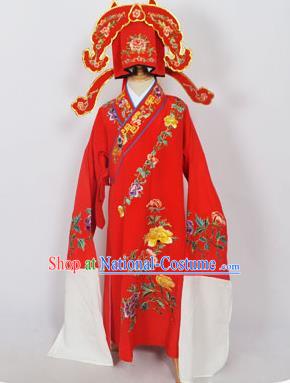 Traditional Chinese Professional Peking Opera Young Men Niche Costume Red Embroidery Robe and Hat, China Beijing Opera Nobility Childe Scholar Embroidered Clothing