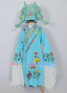 Traditional Chinese Professional Peking Opera Young Men Niche Costume Light Blue Embroidery Robe and Hat, China Beijing Opera Nobility Childe Scholar Embroidered Clothing