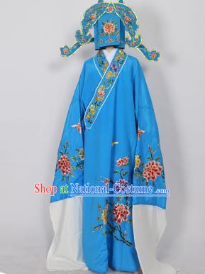 Traditional Chinese Professional Peking Opera Young Men Niche Costume Blue Embroidery Robe and Hat, China Beijing Opera Nobility Childe Scholar Embroidered Clothing