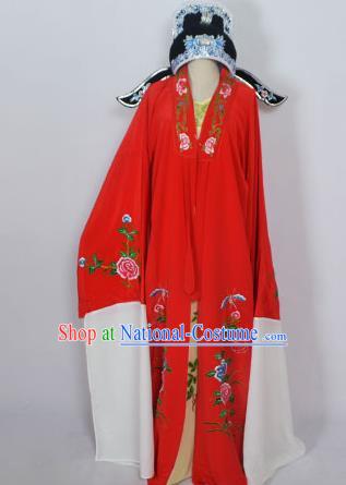 Traditional Chinese Professional Peking Opera Young Men Niche Costume Red Embroidery Robe and Hat, China Beijing Opera Nobility Childe Scholar Embroidered Clothing