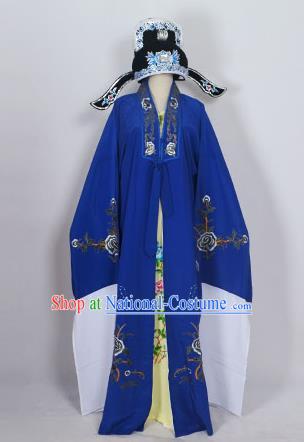 Traditional Chinese Professional Peking Opera Young Men Niche Costume Deep Blue Embroidery Robe and Hat, China Beijing Opera Nobility Childe Scholar Embroidered Clothing