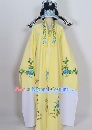 Traditional Chinese Professional Peking Opera Young Men Niche Costume Deep Yellow Embroidery Robe and Hat, China Beijing Opera Nobility Childe Scholar Embroidered Clothing