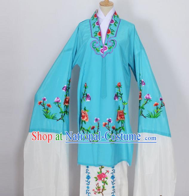 Traditional Chinese Professional Peking Opera Young Lady Costume Blue Embroidery Mantel, China Beijing Opera Diva Hua Tan Embroidered Dress Clothing