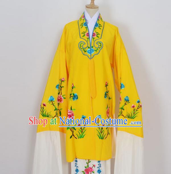 Traditional Chinese Professional Peking Opera Young Lady Costume Yellow Embroidery Mantel, China Beijing Opera Diva Hua Tan Embroidered Dress Clothing