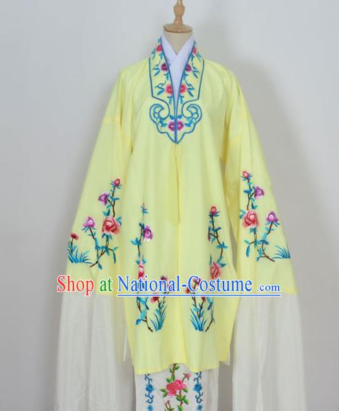 Traditional Chinese Professional Peking Opera Young Lady Costume Light Yellow Embroidery Mantel, China Beijing Opera Diva Hua Tan Embroidered Dress Clothing