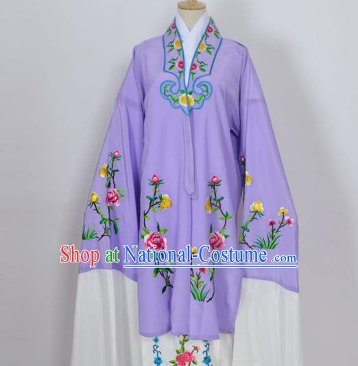 Traditional Chinese Professional Peking Opera Young Lady Costume Purple Embroidery Mantel, China Beijing Opera Diva Hua Tan Embroidered Dress Clothing