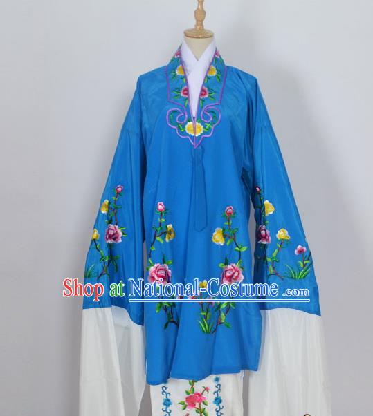 Traditional Chinese Professional Peking Opera Young Lady Costume Blue Embroidery Mantel, China Beijing Opera Diva Hua Tan Embroidered Dress Clothing