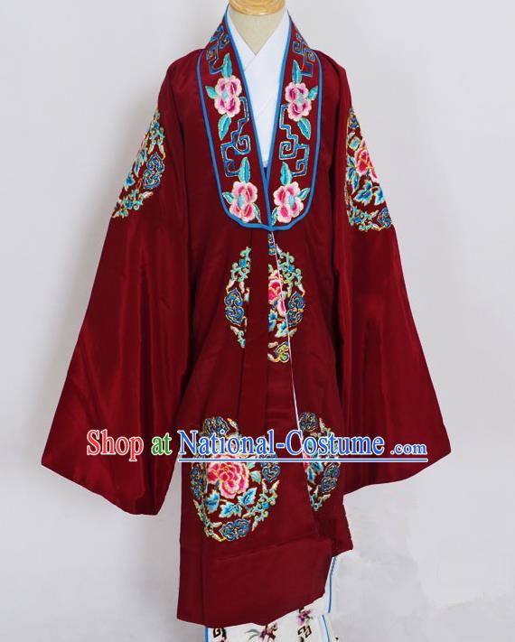 Traditional Chinese Professional Peking Opera Young Lady Costume Wine Red Embroidery Mantel, China Beijing Opera Diva Hua Tan Embroidered Dress Clothing