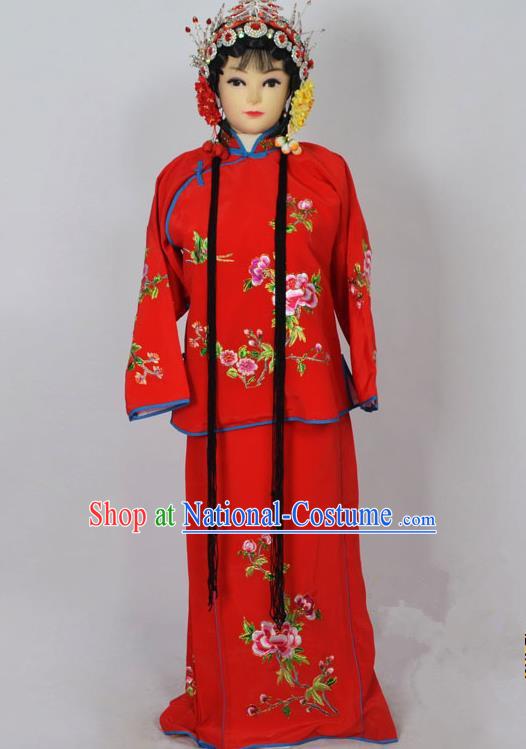 Traditional Chinese Professional Peking Opera Jordan-Sitting Costume Red Embroidery Dress, Children China Beijing Opera Diva Hua Tan Embroidered Maidservants Clothing