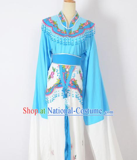 Traditional Chinese Professional Peking Opera Huangmei Opera Young Lady Princess Costume Blue Embroidery Dress, China Beijing Opera Diva Hua Tan Embroidered Clothing