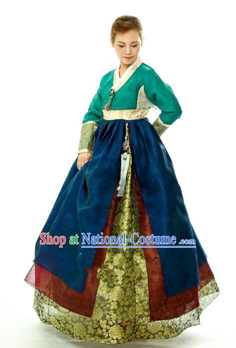 Traditional South Korean Handmade Embroidery Hanbok Peacock Green Full Dress, Top Grade Korea Mother Hanbok Costume Complete Set for Women