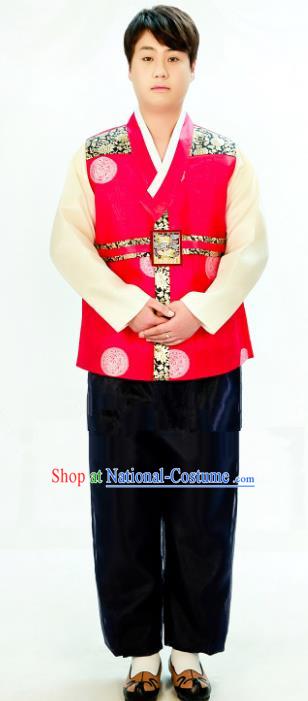 Traditional South Korean Handmade Hanbok Embroidery Bridegroom Wedding Red Clothing, Top Grade Korea Hanbok Costume Complete Set for Men