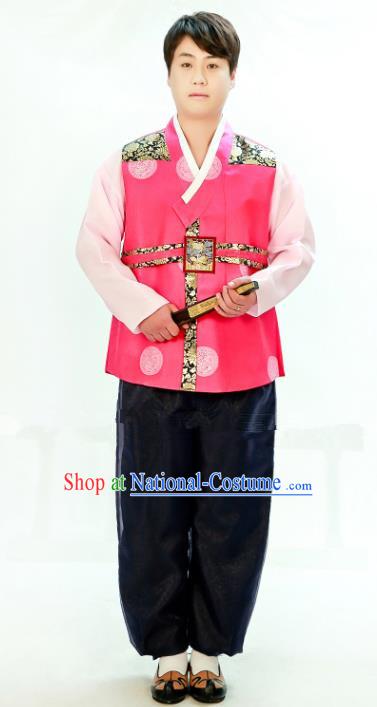 Traditional South Korean Handmade Hanbok Embroidery Bridegroom Wedding Rosy Clothing, Top Grade Korea Hanbok Costume Complete Set for Men