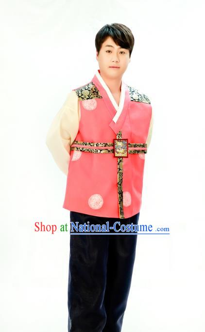 Traditional South Korean Handmade Hanbok Embroidery Bridegroom Wedding Pink Clothing, Top Grade Korea Hanbok Costume Complete Set for Men