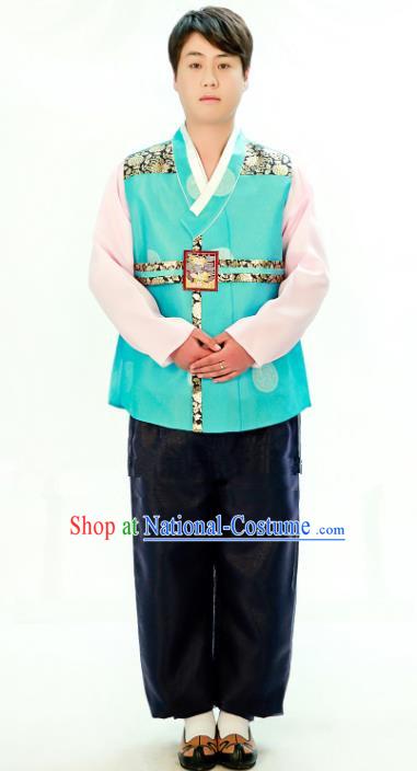 Traditional South Korean Handmade Hanbok Embroidery Bridegroom Wedding Green Clothing, Top Grade Korea Hanbok Costume Complete Set for Men