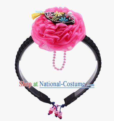 Traditional South Korean Handmade Embroidery Hair Accessories Pink Flower Headband, Top Grade Korea Children Hair Clasp Headwear for Kids